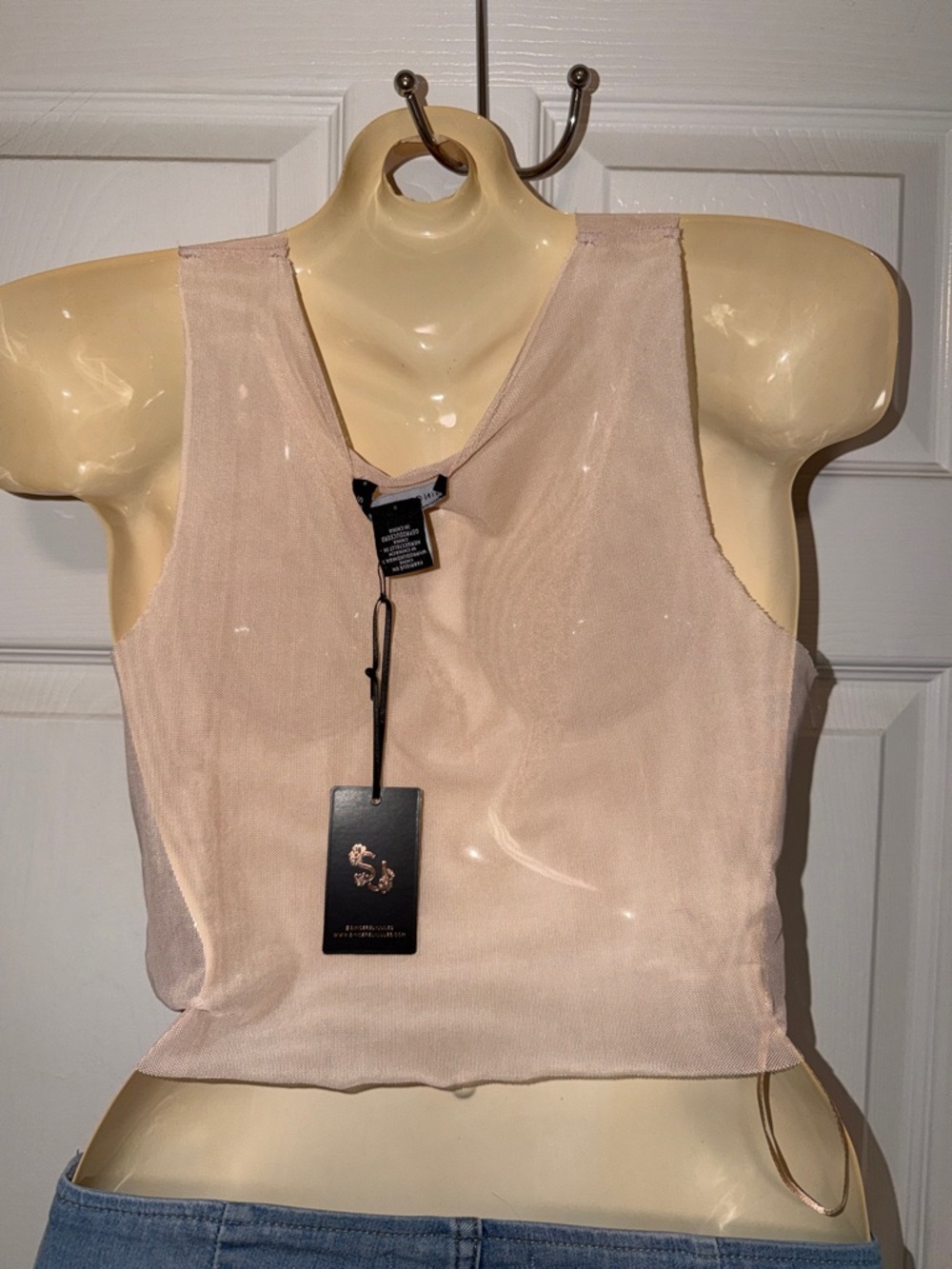 Pearl Rhinestone Sheer Sleeveless Crop Top - Blush Pink - Picture 4 of 6